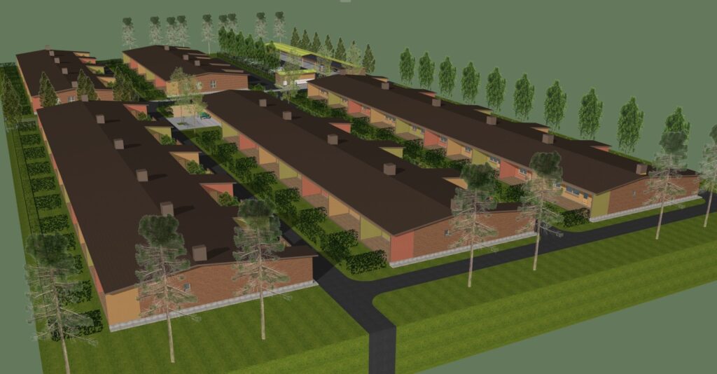 Uudet yksikerroksiset rivitalot vihreällä alueella, modernit punatiiliset asunnot ja suojaisat pihat rauhallisessa ympäristössä.