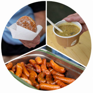 kuva jaettu kolmeen osaan piirakkamaisesti. Osat ovat Munkki, grillimakkarat ja hernekeittioannos.