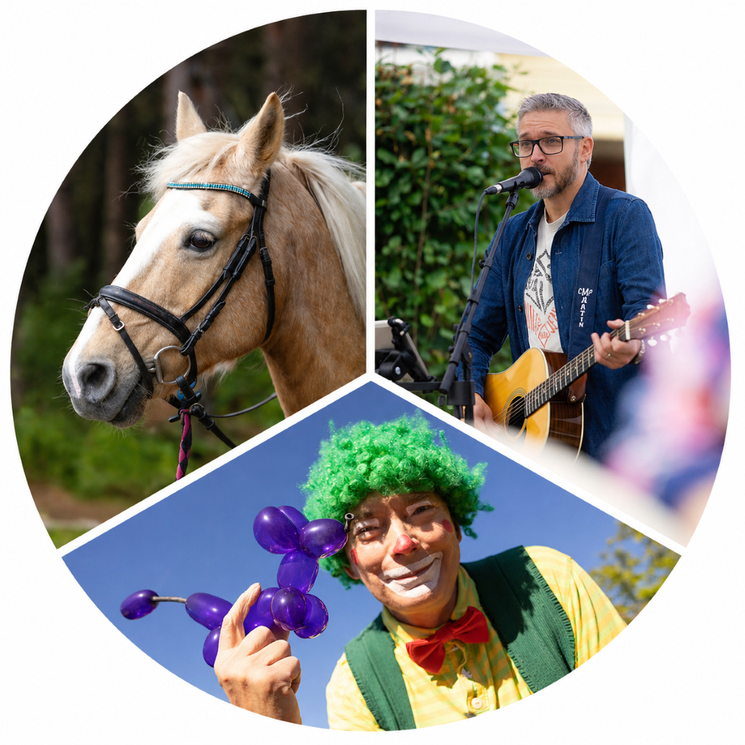 kuva jaettu piirakkaimesti kolmeen osaan. Pelle, Poni ja mieslaulaja muodostavat kuvan osat.