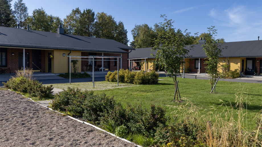 Vaaleasävyinen rivitalo, nurmikko ja istutuksia pihapiirissä.