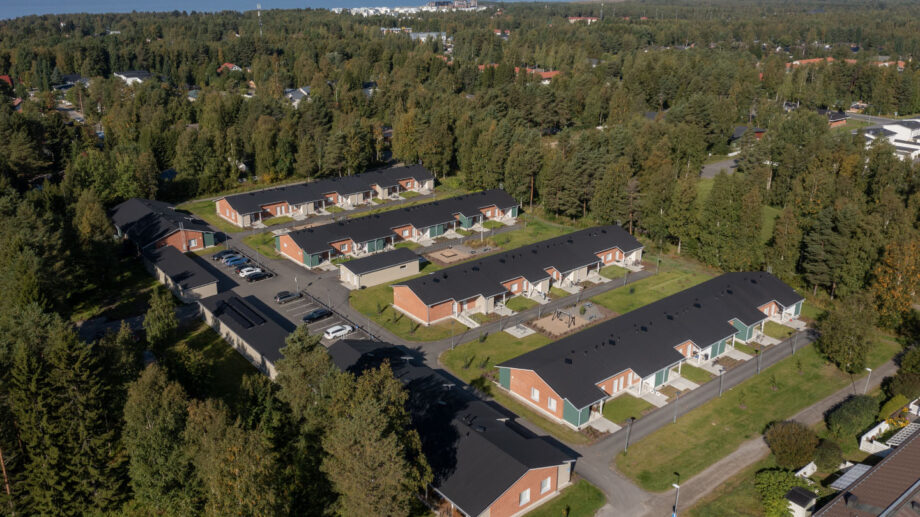 Rivitalokokonaisuus ilmasta kuvattuna, pihat ja autokatokset näkyvissä.