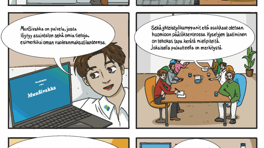 A comic strip explaining MunSivakka and Sivakka's operations. In the first panel, a person sitting on a sofa asks why Sivakka always sends surveys. Another person replies, “That’s a good question! I have the answers.” In the second panel, MunSivakka is introduced as a service where residents can access information about their apartment and personal data, such as their rent payment status. The third panel shows a group meeting where it is explained that both partners and residents are considered in decision-making. Surveys are a way to collect opinions, and all feedback matters. The fourth panel highlights shared responsibilities and the importance of employee well-being and safety. Goals are shared between the landlord and residents. The final panel emphasizes maintaining a culture of continuous improvement to ensure Sivakka's economic sustainability. A person explains this while sitting on the sofa. The comic illustrates how Sivakka listens to residents, ensures transparency, and supports well-being and sustainability.