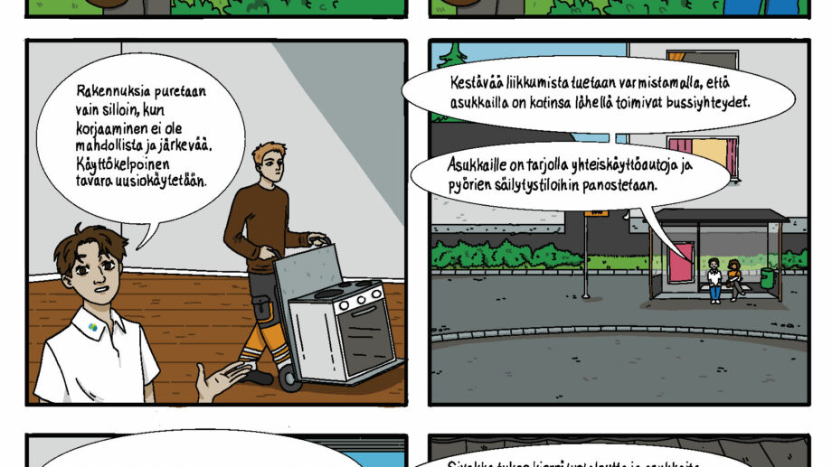 A comic strip explaining Sivakka's environmental initiatives. In the first panel, a person reads about Sivakka’s environmental promises online and wonders what Sivakka actually does. Another person invites them to come along and see. The second panel shows a demolished building. It is explained that buildings are only torn down when repairs are impossible, and usable materials are recycled. In the third panel, sustainable transportation is supported by ensuring bus connections near homes, offering shared-use cars, and improving bike storage facilities. The fourth panel shows a community meeting where residents are taught how to consume responsibly and sustainably. The final panel highlights Sivakka's efforts to support a circular economy and encourage residents to recycle and sort waste. A person concludes, "These are Sivakka’s ways of being environmentally friendly."