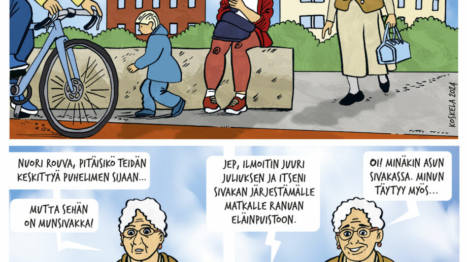 A comic strip featuring a young mother, her child Julius, and an older woman. In the first panel, the mother is sitting on a bench focused on her phone while Julius runs toward a bike path. A cyclist rings the bell ("BLING!") and she shouts, "Julius! Don’t go onto the bike path!" The older woman watches the scene with a surprised expression. In the second panel, the older woman says, “Young lady, perhaps you should focus on your child instead of the phone…” before recognizing something and exclaiming, “But that’s Munsivakka!” In the third panel, the mother cheerfully explains, “Yep, I just signed Julius and myself up for a Sivakka-organized trip to Ranua Wildlife Park.” The older woman excitedly responds, “Oh! I also live in Sivakka. I must join too…” In the final panel, the mother adds with a smile, “And now I need to keep an eye on Julius’ antics.” The comic highlights a community aspect of Sivakka housing through organized activities like trips.