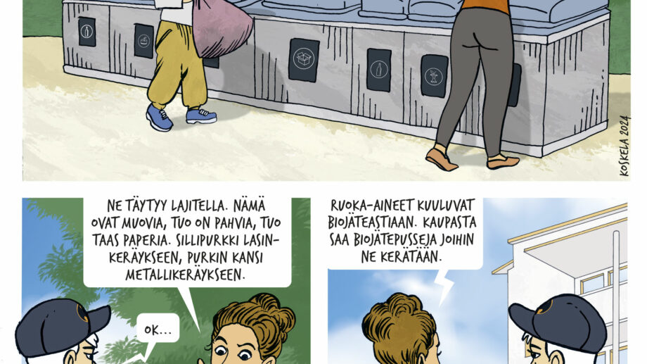 A comic strip about proper waste sorting in a Sivakka housing area. In the first panel, a young man holding a single large trash bag looks confused and asks, “Hi, how does this work here?” A woman nearby, sorting her own trash, replies, “I’m a bit shocked… You only have one big bag? That’s not how to bring the waste, but…” In the second panel, the woman explains, “You need to sort them. These are plastic, that’s cardboard, and that’s paper. The herring jar goes to glass recycling, and the jar lid to metal collection.” The young man responds hesitantly, “Okay…” In the third panel, the woman continues, “Food waste belongs in the bio-waste bin. You can buy bio-waste bags from the store to collect them.” The young man, smiling sheepishly, says, “Thanks! I’m from the countryside. Back home, we just had one big bin for everything…” The comic emphasizes proper recycling practices in urban housing, contrasting it with simpler waste management in rural areas.