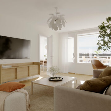 Olohuone, jossa suuri ikkuna parvekkeelle, moderni puinen lipasto, sohvapöytä ja runsas luonnonvalo.