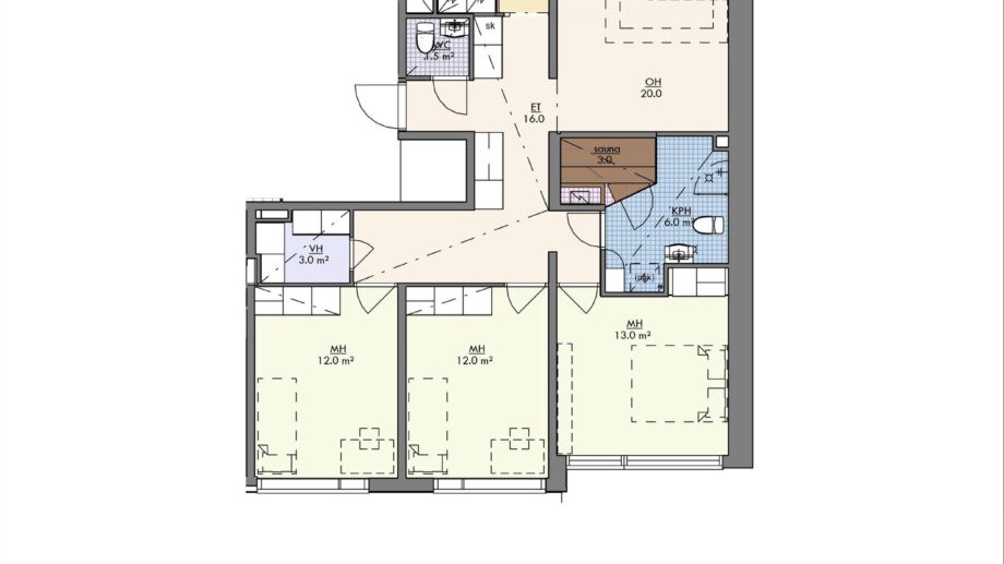 Neljän huoneen asunto, jossa kolme makuuhuonetta, olohuone, keittiö, sauna, kylpyhuone, erillinen wc ja parveke.