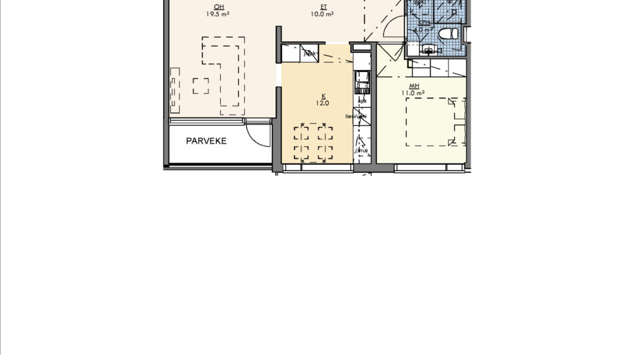 Kaksio, jossa olohuone, makuuhuone, keittiö, eteinen, kylpyhuone ja parveke.