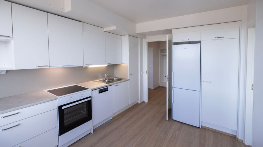 Keittiö, jääkaappi ja kaapistot