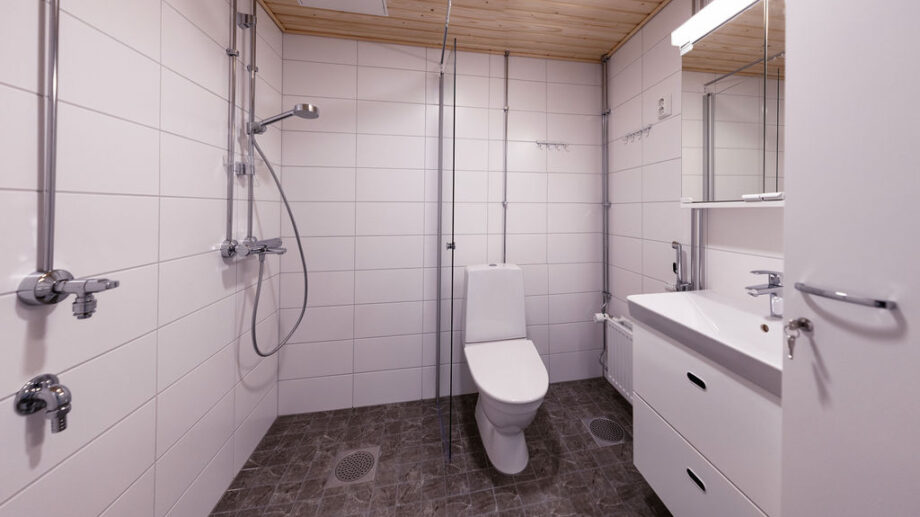 Kylpyhuone, suihku ja wc edestäpäin