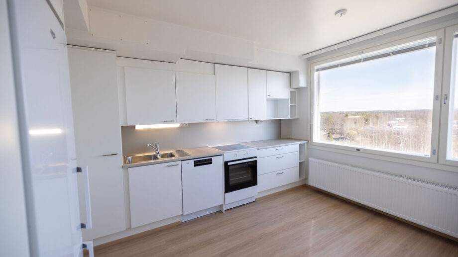 Keittiö, jääkaappi ja työtilat