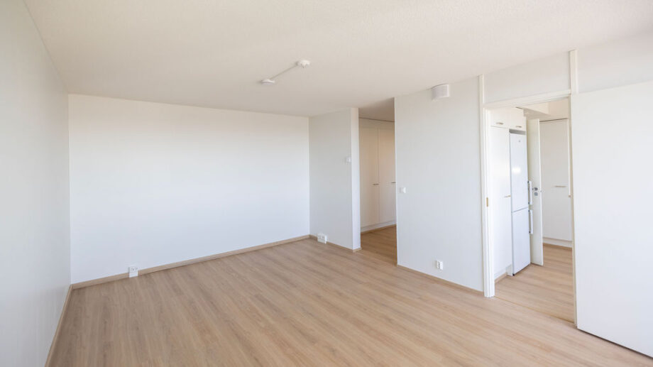 Olohuone, näkymä keittiöön ja käytävälle.