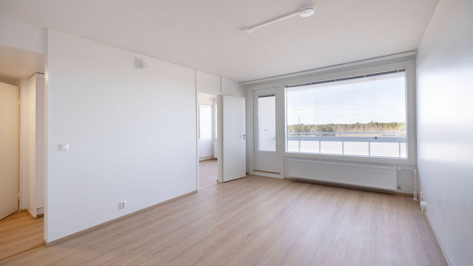 Olohuone, näkymä eteiseen ja keittiöön