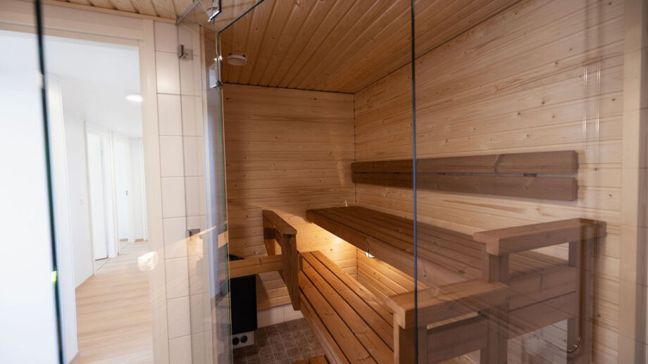Saunan lauteet näkyvät lasiseinän takaa ja kylpyhuoneen ovesta näkymä käytävälle.