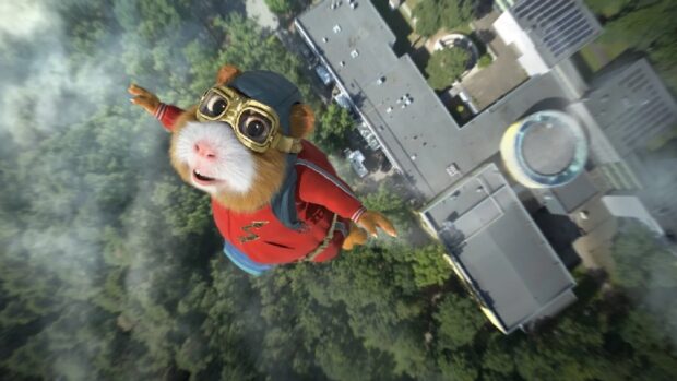 Piirroshahmo, hamsteria muistuttava supersankaripukuinen eläin, syöksyy ilmalennossa kaupungin yläpuolella kohti maata.