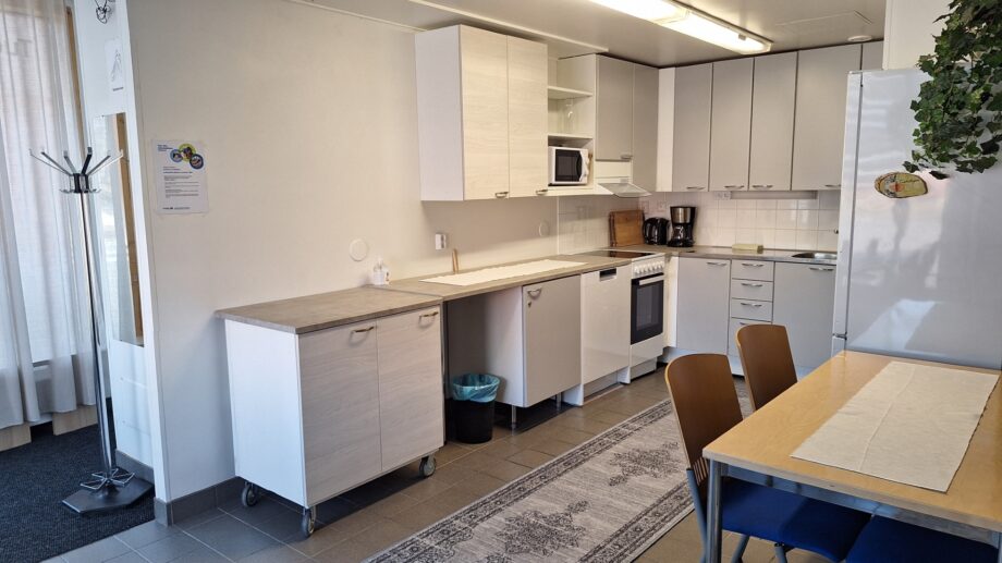 Moderni keittiö valkoisilla kaapistoilla ja kodinkoneilla.