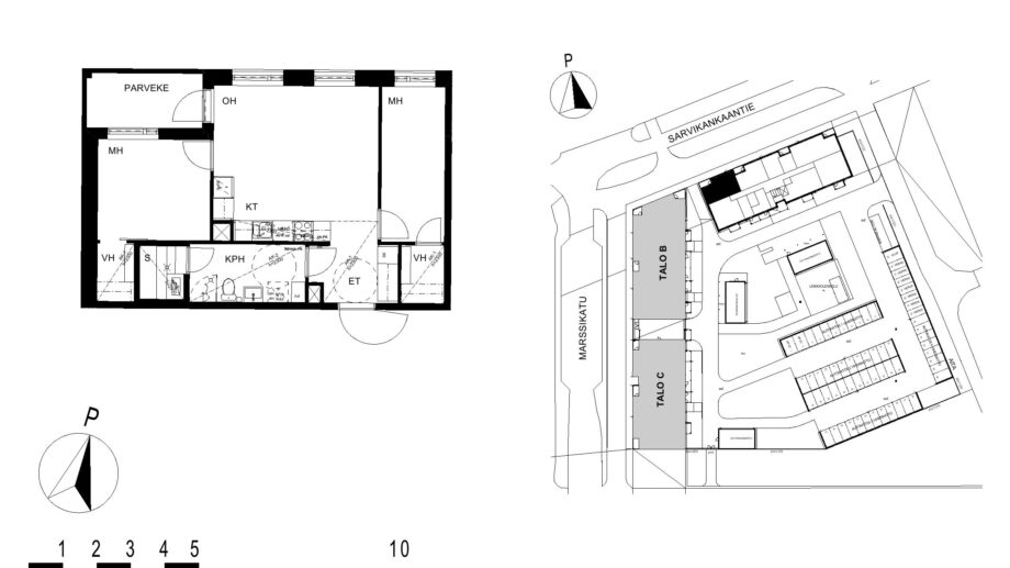 Asunnon A1 pohjakuva (1. kerros, 3h+kt+s, 58,5 m²), jossa olohuone, kaksi makuuhuonetta, keittotila, kylpyhuone ja sauna sekä parveke.