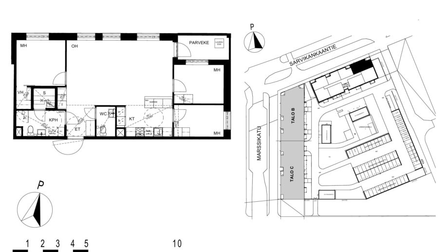 Asunnon A10 pohjakuva (2. kerros, 4h+kt+s, 81,5 m²), jossa olohuone, kolme makuuhuonetta, keittotila, kylpyhuone, erillinen wc ja sauna sekä parveke.