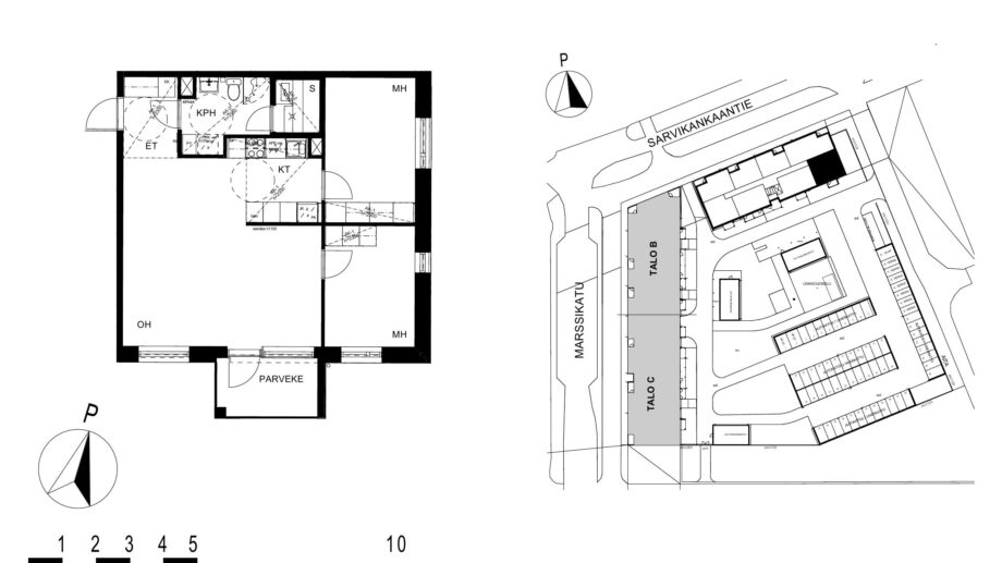 Asunnon A11 pohjakuva (2. kerros, 3h+kt+s, 68,5 m²), jossa olohuone, kaksi makuuhuonetta, keittotila, kylpyhuone ja sauna sekä parveke.