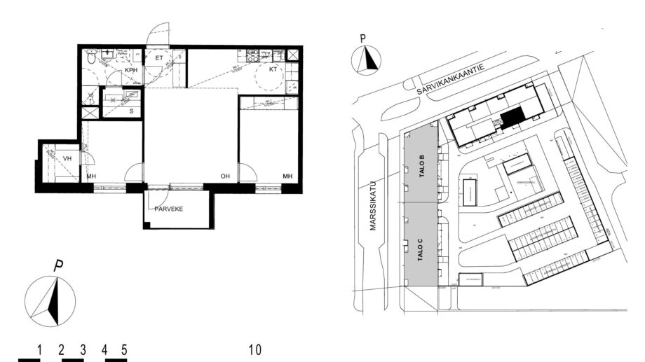Asunnon A12 pohjakuva (2. kerros, 3h+kt+s, 60,5 m²), jossa olohuone, kaksi makuuhuonetta, keittotila, kylpyhuone ja sauna sekä parveke.