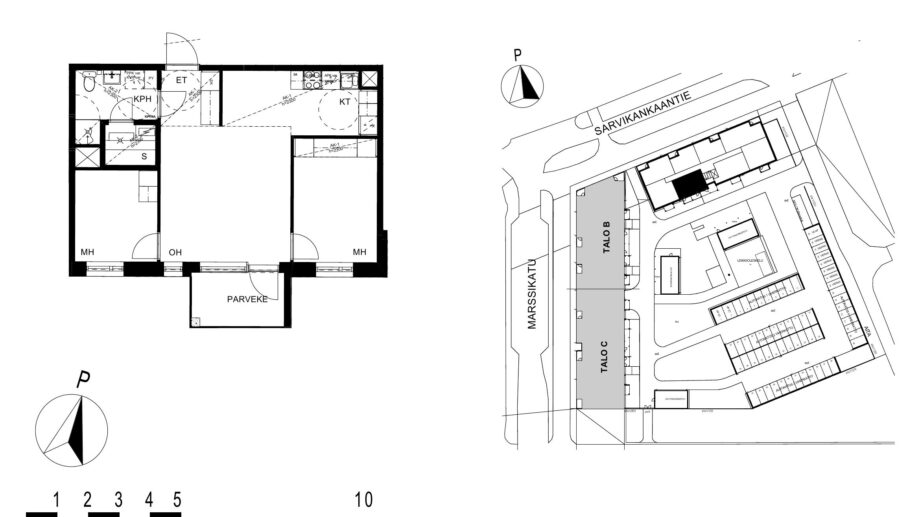Asunnon A13 pohjakuva (3. kerros, 3h+kt+s, 59,5 m²), jossa olohuone, kaksi makuuhuonetta, keittotila, kylpyhuone ja sauna sekä parveke.