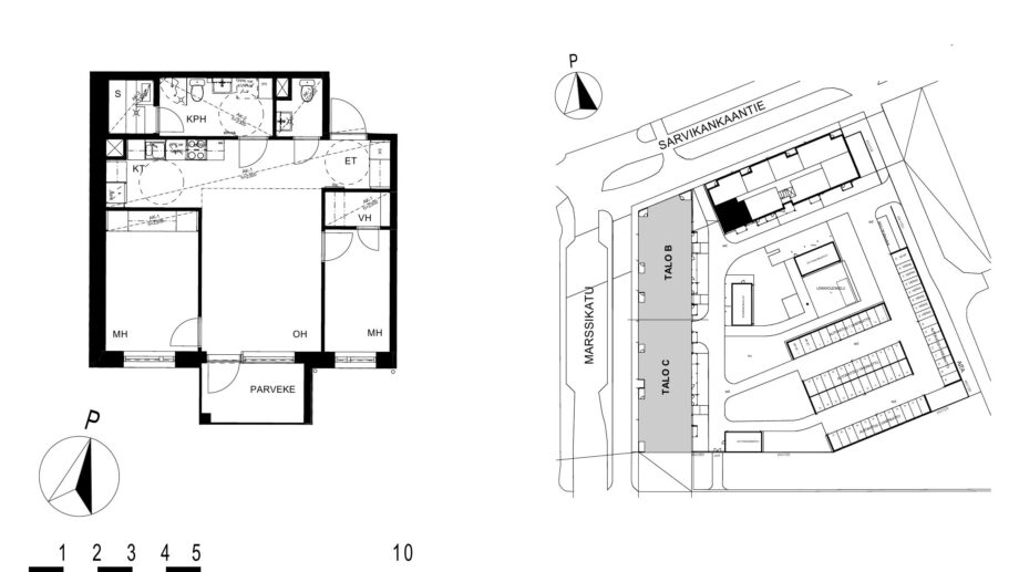 Asunnon A14 pohjakuva (3. kerros, 3h+kt+s, 62,0 m²), jossa olohuone, kaksi makuuhuonetta, keittotila, kylpyhuone ja sauna sekä parveke.