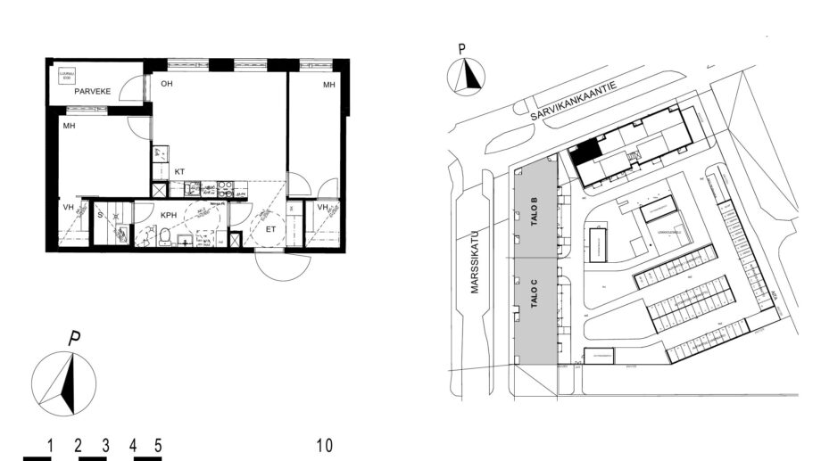 Asunnon A15 pohjakuva (3. kerros, 3h+kt+s, 58,5 m²), jossa olohuone, kaksi makuuhuonetta, keittotila, kylpyhuone ja sauna sekä parveke.