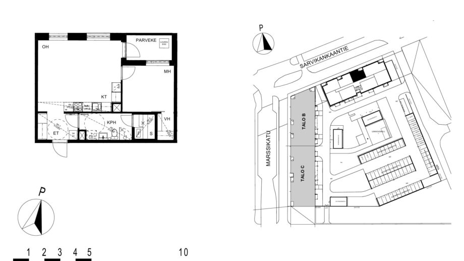 Asunnon A17 pohjakuva (3. kerros, 2h+kt+s, 49,0 m²), jossa olohuone, makuuhuone, keittotila, kylpyhuone ja sauna sekä parveke.