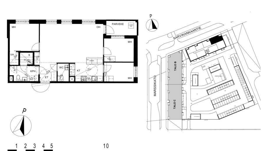 Asunnon A18 pohjakuva (3. kerros, 4h+kt+s, 81,5 m²), jossa olohuone, kolme makuuhuonetta, keittotila, kylpyhuone, erillinen wc ja sauna sekä parveke.