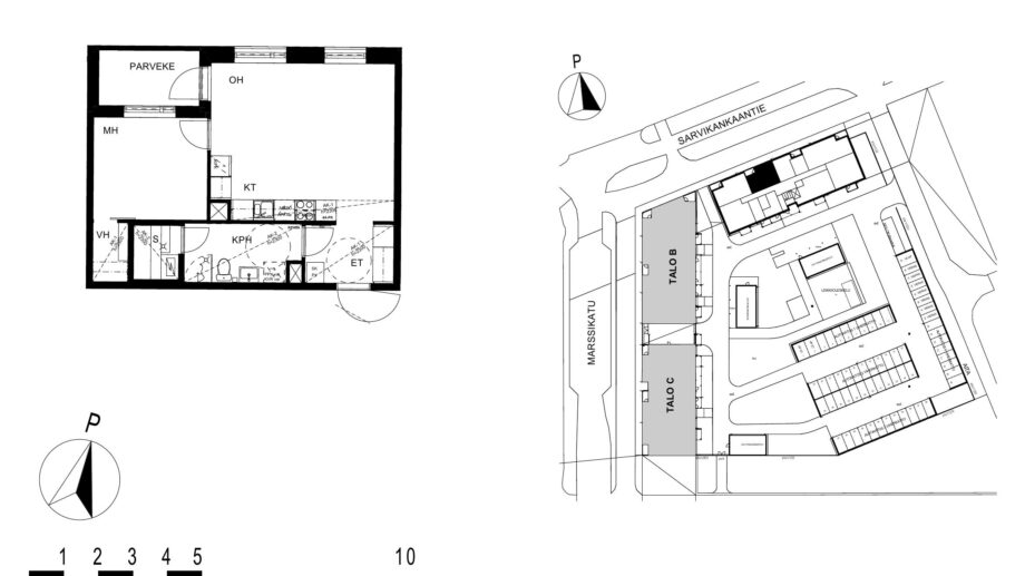 Asunnon A2 pohjakuva (1. kerros, 2h+kt+s, 49,0 m²), jossa olohuone, makuuhuone, keittotila, kylpyhuone ja sauna sekä parveke.
