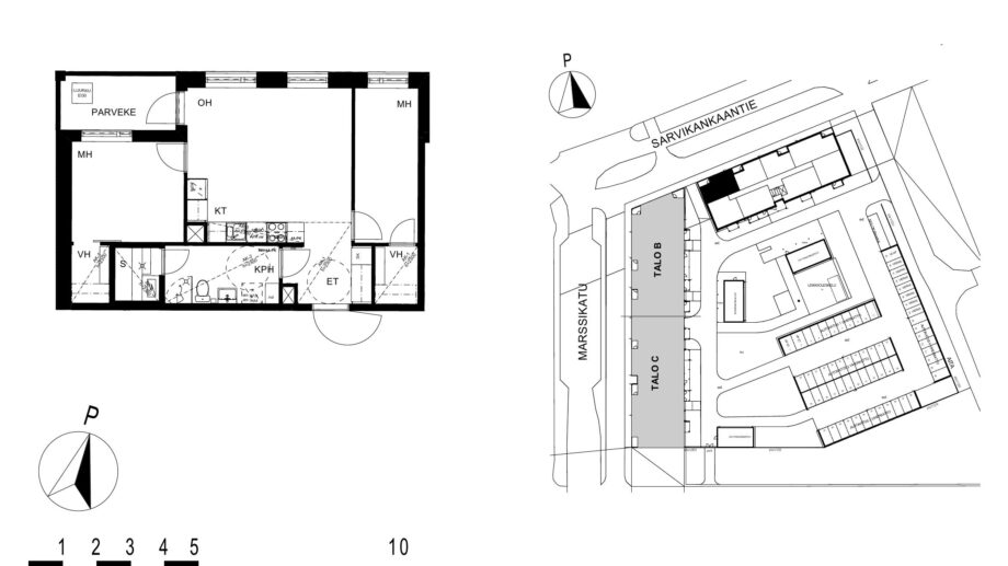 Asunnon A23 pohjakuva (4. kerros, 3h+kt+s, 58,5 m²), jossa olohuone, kaksi makuuhuonetta, keittotila, kylpyhuone ja sauna sekä parveke.