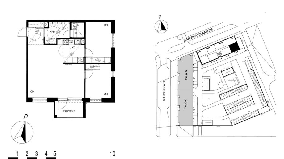 Asunnon A27 pohjakuva (4. kerros, 3h+kt+s, 68,5 m²), jossa olohuone, kaksi makuuhuonetta, keittotila, kylpyhuone ja sauna sekä parveke.
