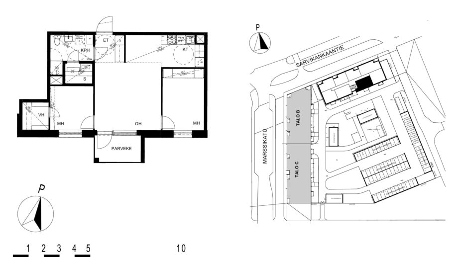 Asunnon A28 pohjakuva (4. kerros, 3h+kt+s, 60,5 m²), jossa olohuone, kaksi makuuhuonetta, keittotila, kylpyhuone ja sauna sekä parveke.