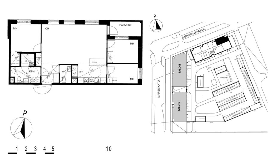 Asunnon A3 pohjakuva (1. kerros, 4h+kt+s, 81,5 m²), jossa olohuone, kolme makuuhuonetta, keittotila, kylpyhuone, erillinen wc ja sauna sekä parveke.