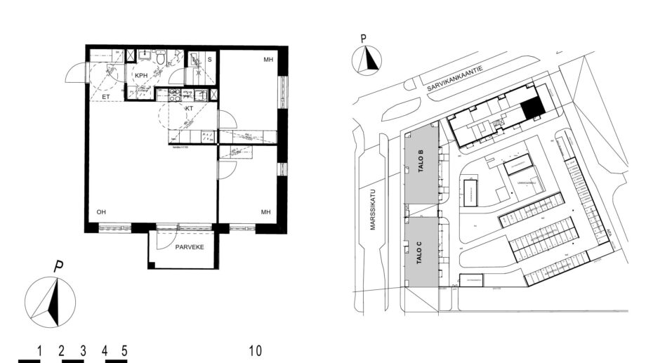 Asunnon A4 pohjakuva (1. kerros, 3h+kt+s, 68,5 m²), jossa olohuone, kaksi makuuhuonetta, keittotila, kylpyhuone ja sauna sekä parveke.
