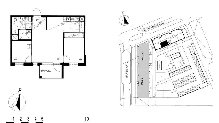 Asunnon A5 pohjakuva (2. kerros, 3h+kt+s, 59,5 m²), jossa olohuone, kaksi makuuhuonetta, keittotila, kylpyhuone ja sauna sekä parveke.