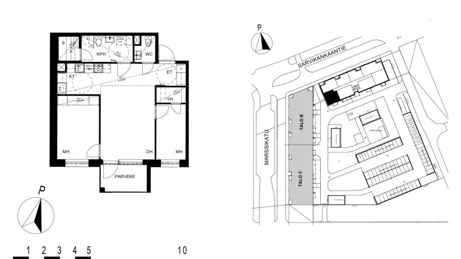 Asunnon A6 pohjakuva (2. kerros, 3h+kt+s, 62,0 m²), jossa olohuone, kaksi makuuhuonetta, keittotila, kylpyhuone ja sauna sekä parveke.
