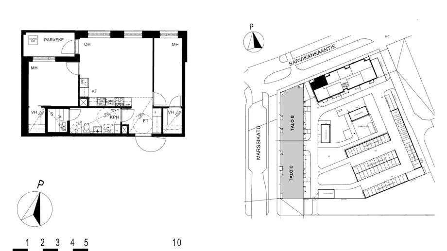 Asunnon A7 pohjakuva (2. kerros, 3h+kt+s, 58,5 m²), jossa olohuone, kaksi makuuhuonetta, keittotila, kylpyhuone ja sauna sekä parveke.