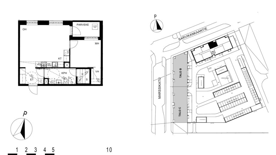 Asunnon A9 pohjakuva (2. kerros, 2h+kt+s, 49,0 m²), jossa olohuone, makuuhuone, keittotila, kylpyhuone ja sauna sekä parveke.