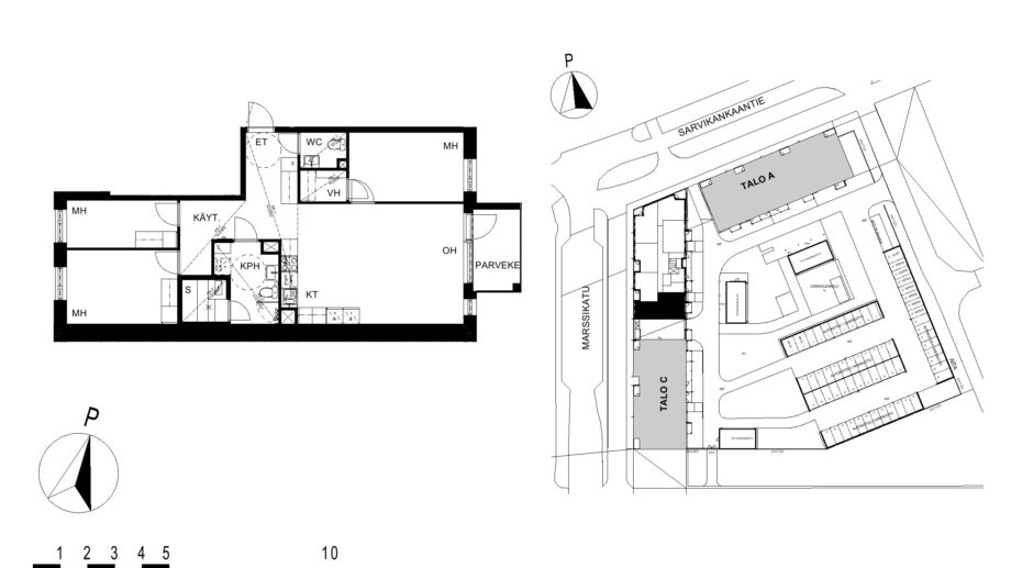 Asunnon B29 pohjakuva (1. kerros, 4h+kt+s, 85,0 m²), jossa olohuone, kolme makuuhuonetta, keittotila, kylpyhuone ja sauna sekä parveke.