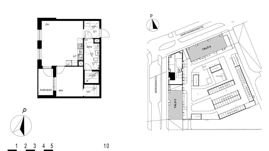 Asunnon B30 pohjakuva (1. kerros, 2h+kt+s, 47,0 m²), jossa olohuone, makuuhuone, keittotila, kylpyhuone ja sauna sekä parveke.