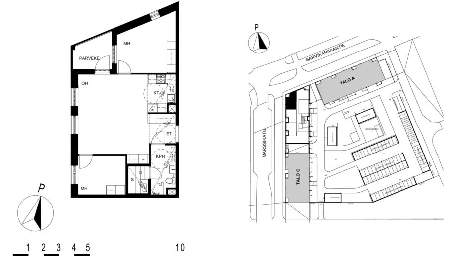 Asunnon B32 pohjakuva (1. kerros, 3h+kt+s, 62,5 m²), jossa olohuone, kaksi makuuhuonetta, keittotila, kylpyhuone ja sauna sekä parveke.