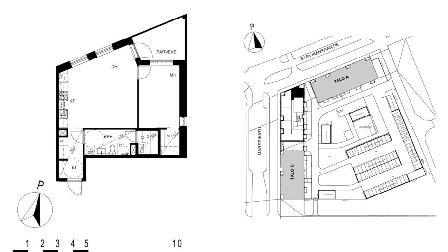 Asunnon B33 pohjakuva (1. kerros, 2h+kt+s, 52,0 m²), jossa olohuone, makuuhuone, keittotila, kylpyhuone ja sauna sekä parveke.