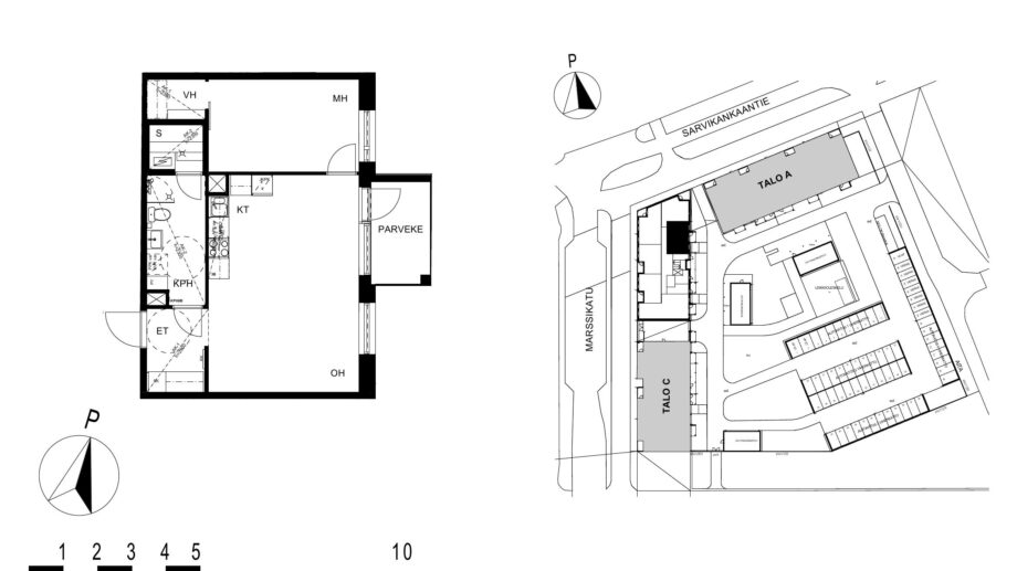 Asunnon B34 pohjakuva (1. kerros, 2h+kt+s, 56,0 m²), jossa olohuone, makuuhuone, keittotila, kylpyhuone ja sauna sekä parveke.
