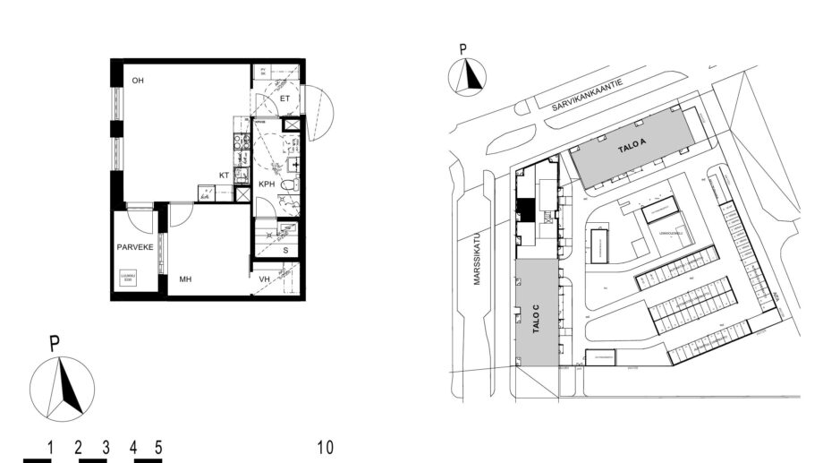 Asunnon B38 pohjakuva (2. kerros, 2h+kt+s, 47,0 m²), jossa olohuone, makuuhuone, keittotila, kylpyhuone ja sauna sekä parveke.