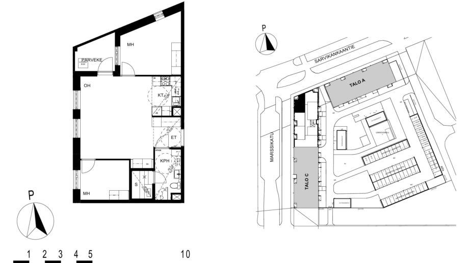 Asunnon B39 pohjakuva (2. kerros, 3h+kt+s, 62,5 m²), jossa olohuone, kaksi makuuhuonetta, keittotila, kylpyhuone ja sauna sekä parveke.