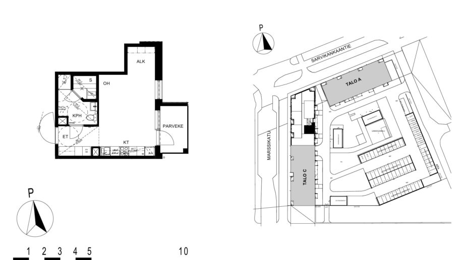 Asunnon B42 pohjakuva (3. kerros, 1h+kt+s, 35,0 m²), jossa huone, keittotila, kylpyhuone ja sauna sekä parveke.