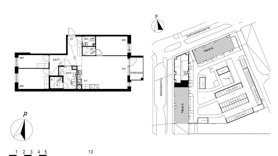 Asunnon B43 pohjakuva (3. kerros, 4h+kt+s, 85,0 m²), jossa olohuone, kolme makuuhuonetta, keittotila, kylpyhuone ja sauna sekä parveke.