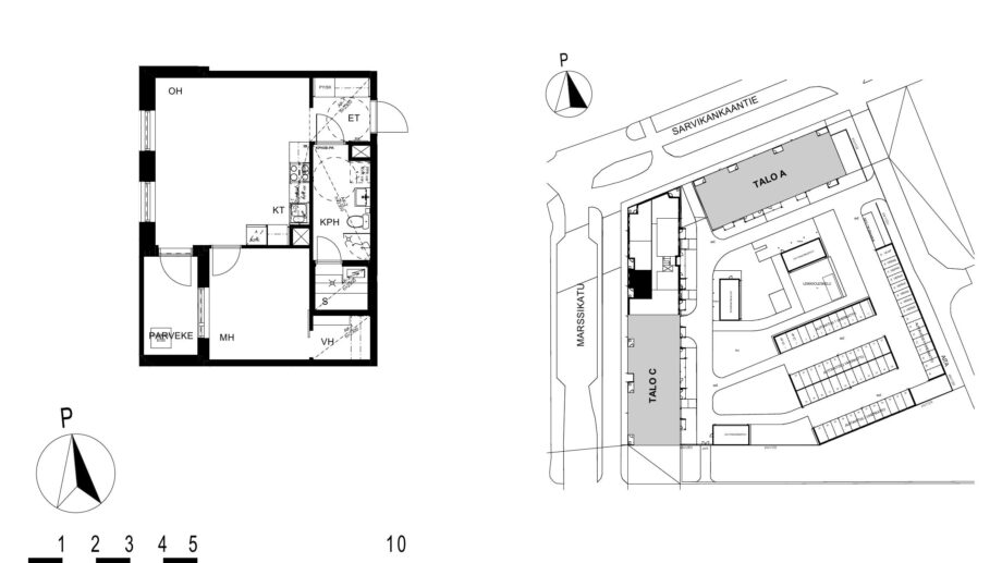 Asunnon B44 pohjakuva (3. kerros, 2h+kt+s, 47,0 m²), jossa olohuone, makuuhuone, keittotila, kylpyhuone ja sauna sekä parveke.