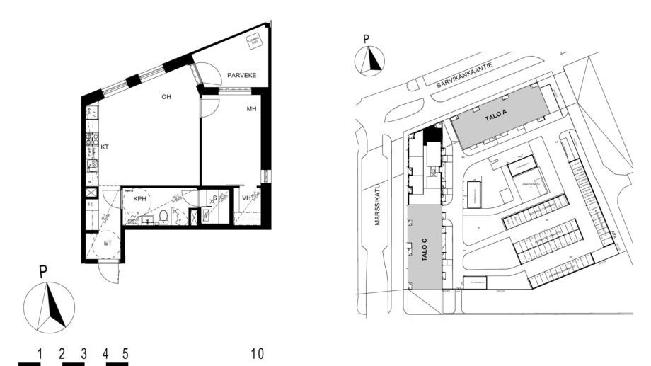 Asunnon B47 pohjakuva (3. kerros, 2h+kt+s, 52,0 m²), jossa olohuone, makuuhuone, keittotila, kylpyhuone ja sauna sekä parveke.